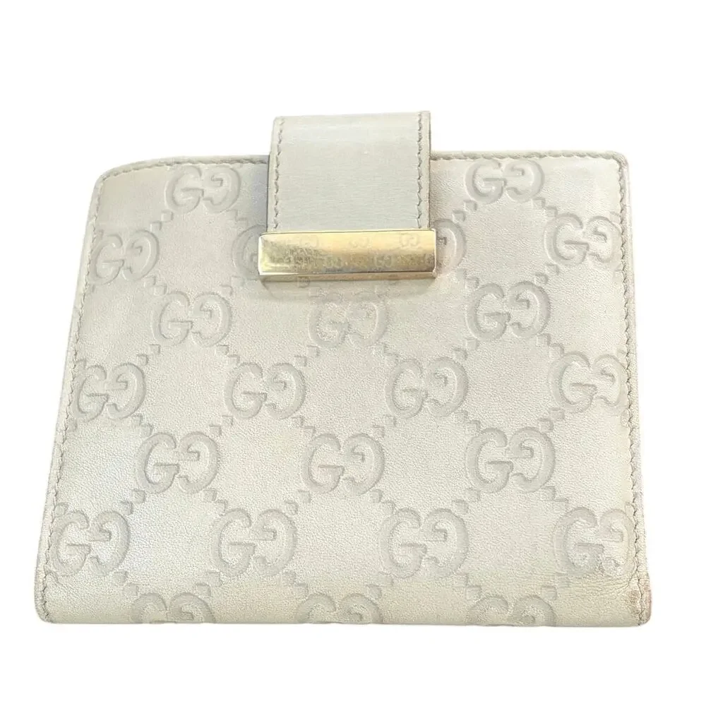 Gucci Guccissima Ivory Leather Compact Wallet with Gold Tab Snap Closure